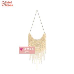 Pearl-Embellished Fringe Shoulder Bag, Fits Phone, Polyester, 8x9 Inches